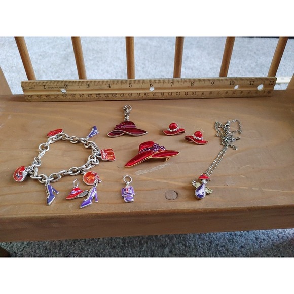 Mixed Lot Red Hat Society Jewelry Necklace Brooch Costume Stud Angel Charms Rhin - Picture 6 of 6